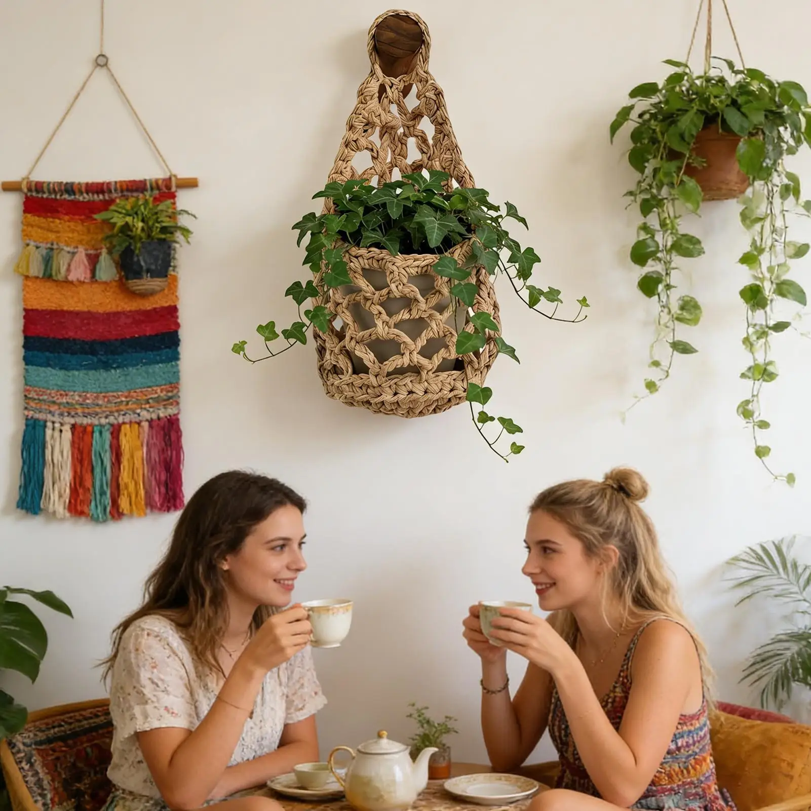 Macrame Plant Hanger Cotton Woven Decorative Space Saving Macrame Plant Holder Wall Hanger For Flower Pot Indoor Bedroom Living