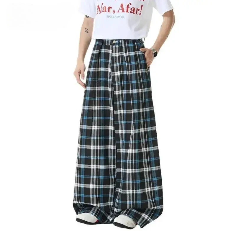 Old Money Style Men's Trousers American Retro Summer Cotton Black And Blue Plaid Casual Pants Loose Straight Bottoms