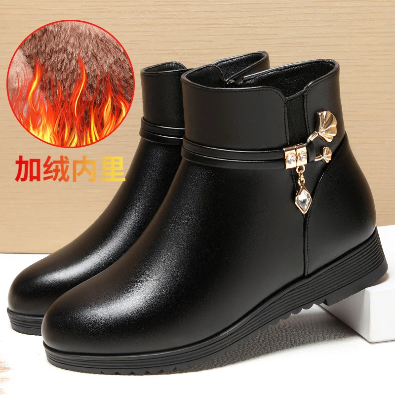 Women's Rhinestone Leather Boots Autumn Winter Warm Cotton Shoes Low Heel Round Head Side Zip Footwear  Mother's Cotton Shoes