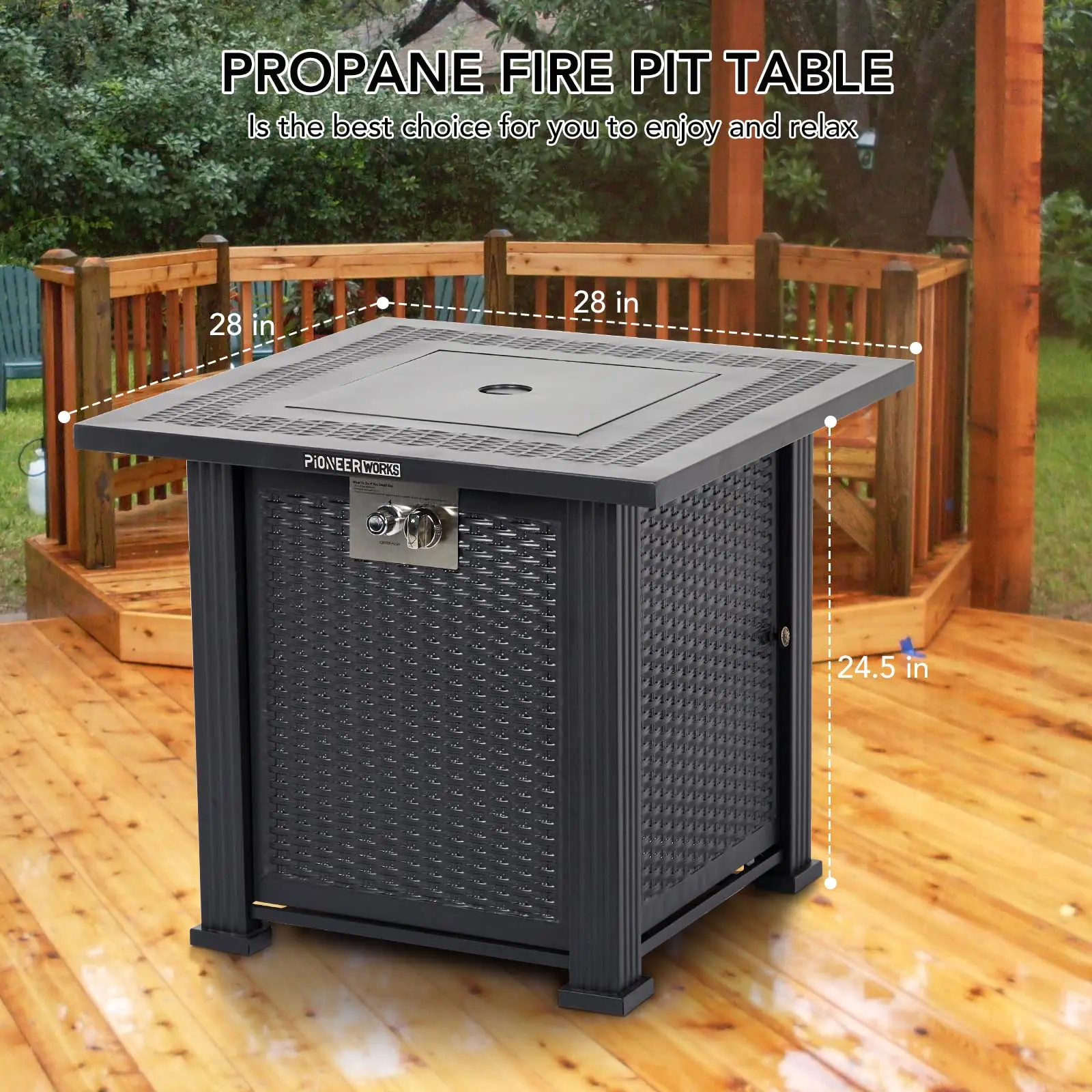 28 Inch Propane Fire Pit Table, PioneerWorks 50000BTU Rectangle Fire Table with Cover, Sturdy Steel and Iron Fence Surface, CSA