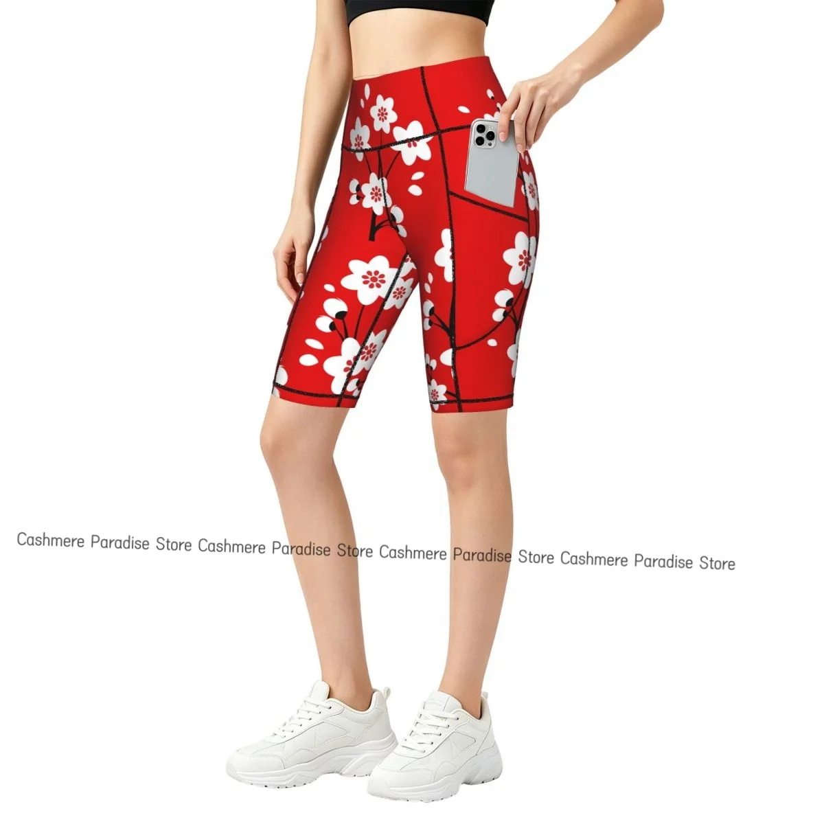 Cherry Blossoms Sport Yoga Shorts Pants Women Fitness High Waist Hip Lift Running Yoga Side Pockets Tights Sportswear