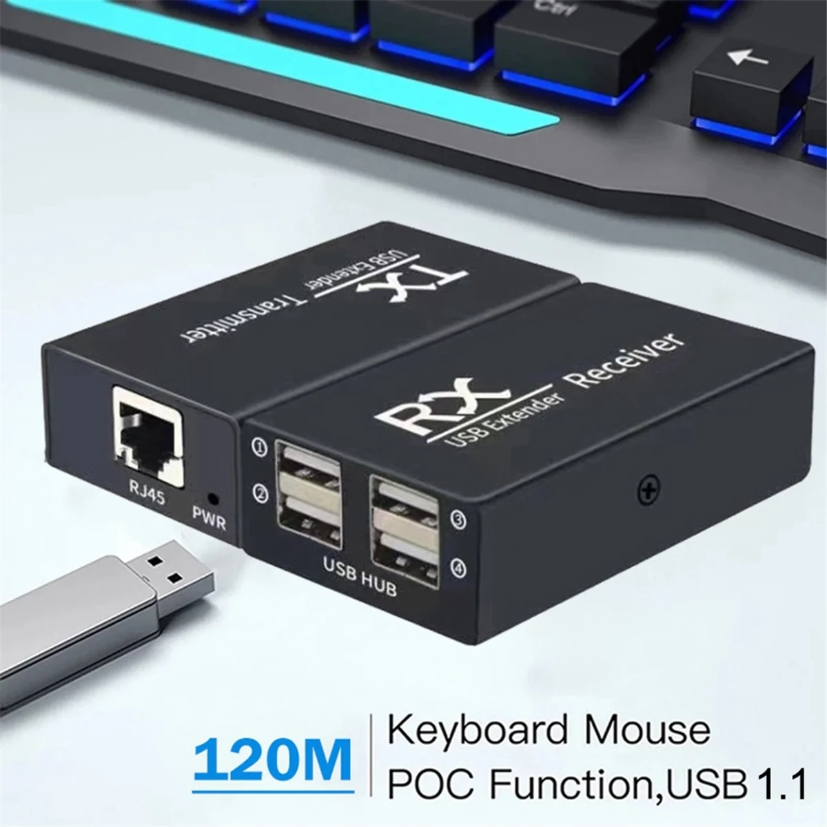 Prolongateur de concentrateur USB, 4 ports, USB 1.1, RJ45 Ethernet, extension USB UTP, émetteur, récepteur, prise US, 120m