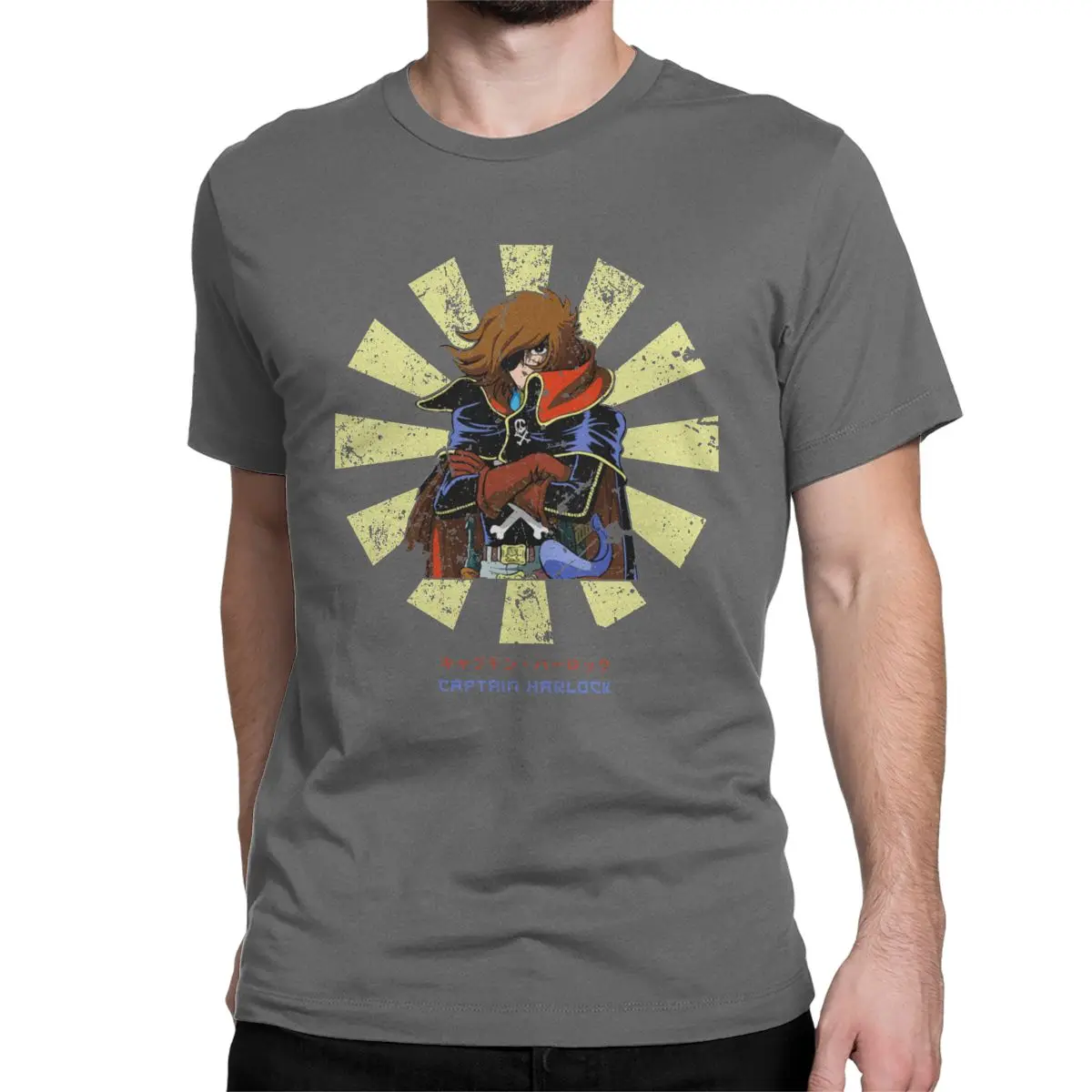 Funny Captain Harlock Retro Japanese T-Shirts Men Crew Neck Pure