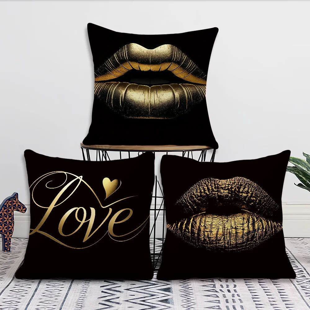 Golden Lips and Heart Pattern cushion cover For Pillow Printing Sofa Decoration Home Room Coffee Shop Office Nordic Simplicity