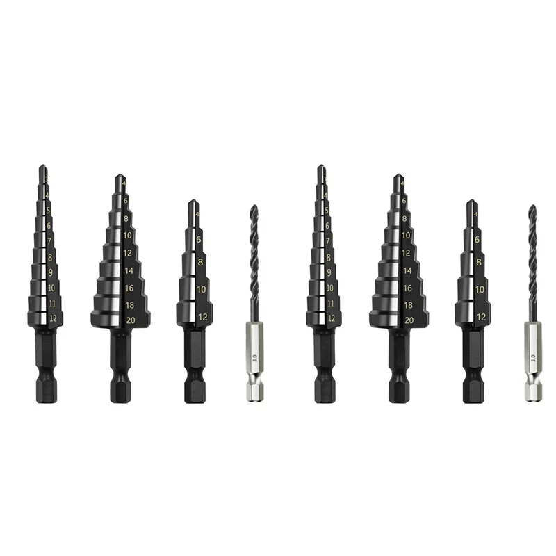 

A20F-8Pcs 3-12 4-12 4-20Mm HSS Straight Groove Step Drill Bit Nitride Twist Drill Wood Metal Hole Cutter Core Drilling Tools