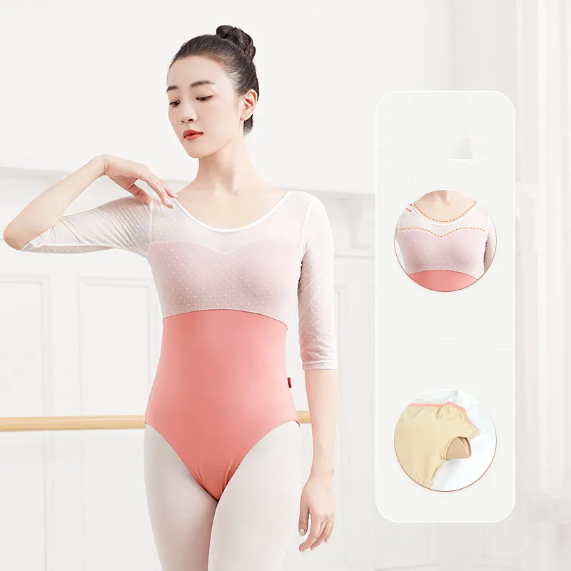 Women Ballet Leotards Half Sleeve Mesh Splicing Adult Girls Skating Gymnastics Bodysuit Top Ballerina Stage Dance Wear