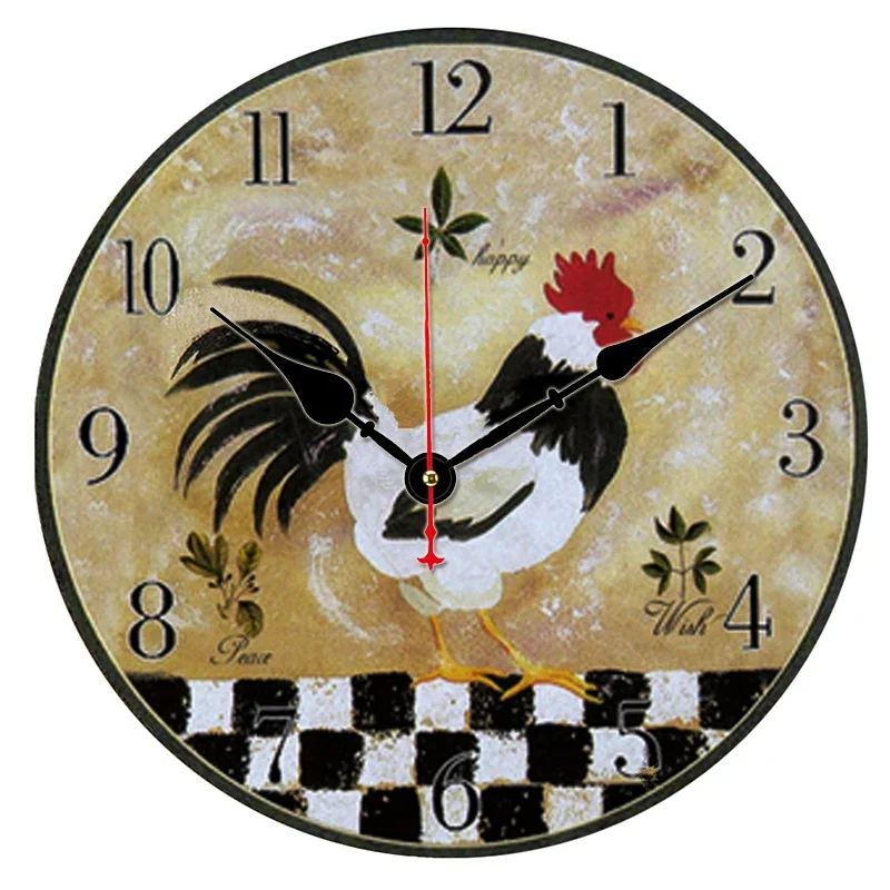 Vintage Rooster Plaid Wall Clock Round Silent Clocks Wall Carfts Art Decor For Home Bedroom Living Room Office Decoration