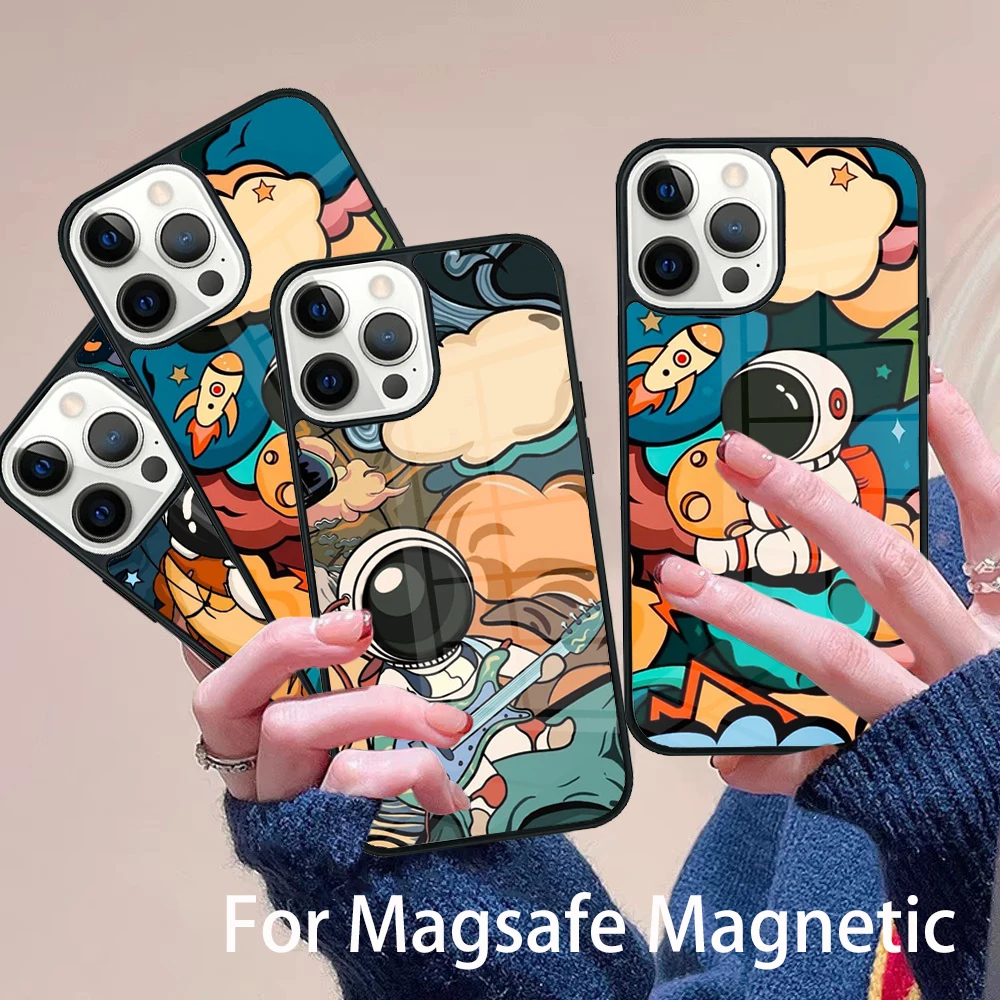 

Cute Cartoon Astronaut Phone Case Magesafe Magnetic Wireless Charge Cover For IPhone 16 11 12 13 14 15 Pro Max Plus Mini
