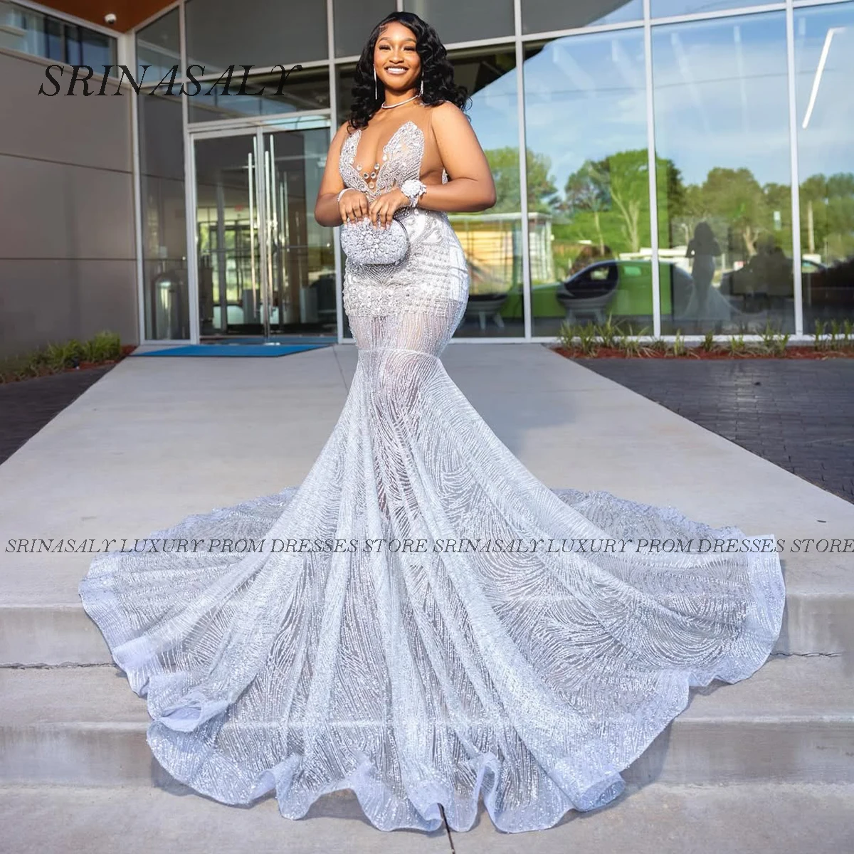 

Customized Luxury Mermaid Evening Dresses Lace Dresses Diamond Brush Train Birthday Robe Sleeveless Formal vestidos de gala