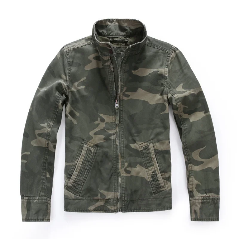 New Men's Casual Jacket Washed Workwear Camouflage Men Clothing Wear-Resistant Fashion Tops Stand-Up Collar Slim Coat For Men