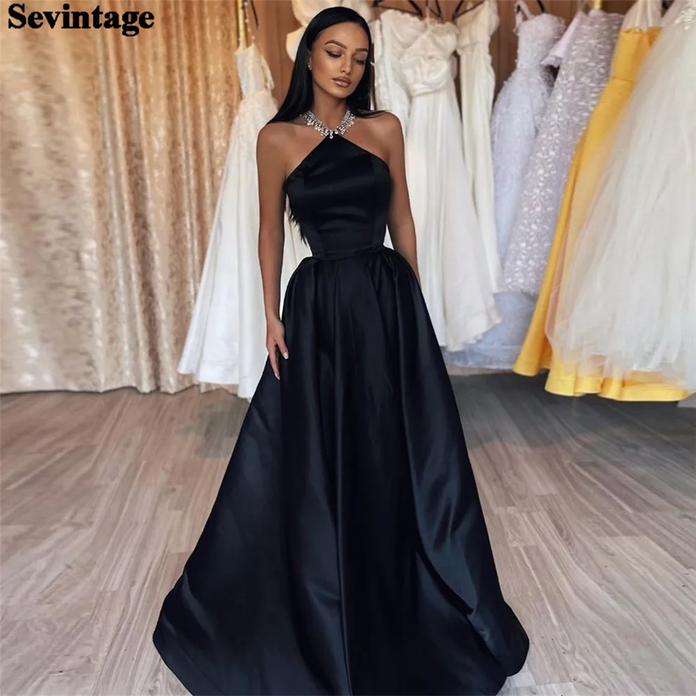 

Sevintage Elegant Black Prom Dress Satin A-Line Halter Sleeveless Ruched Formal Evening Dress Floor Length Party Gowns 2024