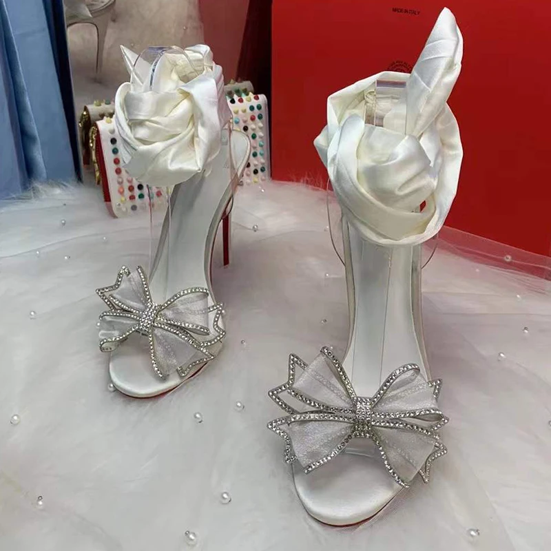 2023 Summer Size 34-45 Sweet White Satin Girls Women Fashion High Heels Sandals Shoes