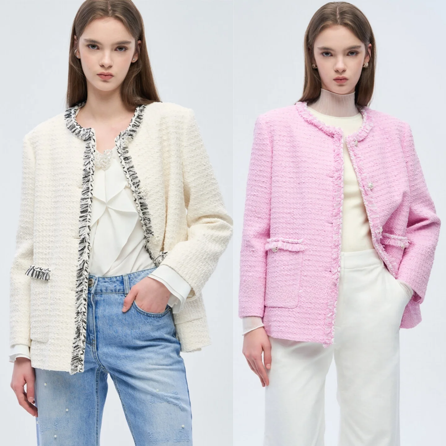 

Early Spring Commute Ready round Ne Tassel Trim Korean Sle Slimming Top Faionable Artistic Cotton Blend Outerwear