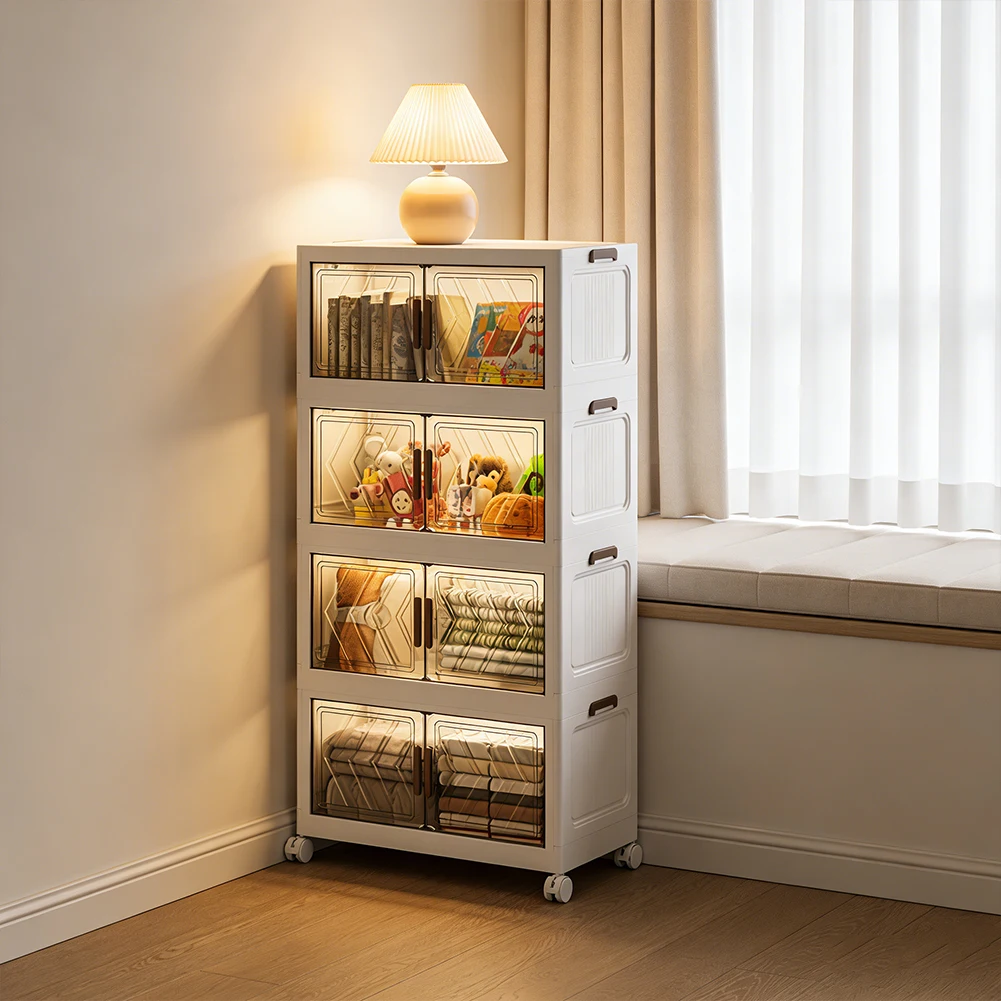 4 Tier Stackable Closet Organizers Foldable Organization with Doors & Wheels Folding Storage Cabinet Shelf for Home Office Dorm