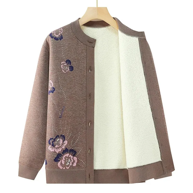 

Autumn/Winter Women's Knitted Cardigan Fleece-Lined Warm Sweater Jacket For Middle-Aged And Elderly JJ253