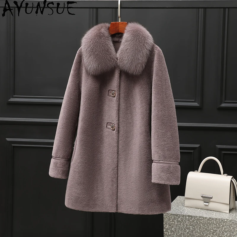 

AYUNSUE 100% Wool Coat Women Fox Fur Collar Mid-length Sheep Shearling Jacket Winter Clothes Female Composite Fur Пальто Женское