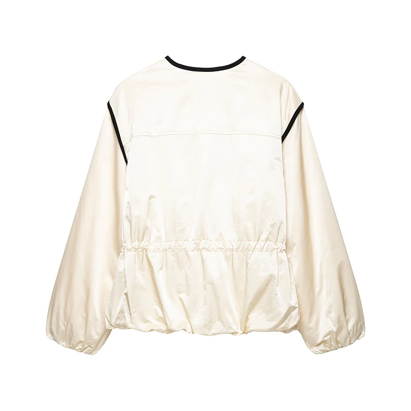 YENKYE Autumn 2026 Women Contrast Piping Satin Jacket Round Neck Button Down Drawstring Waist Puff Sleeve Casual Outerwear