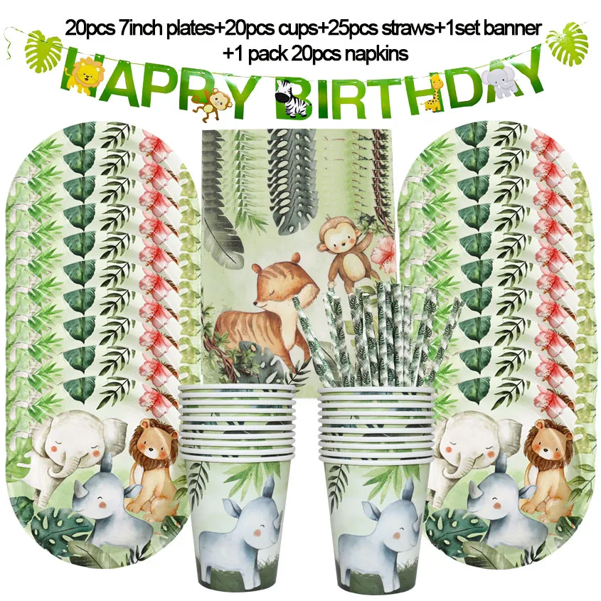 Jungle Birthday Party Decor Animal Palm Leaves Disposable Tableware Set Kids Boy Wild One Forest Safari Birthday Party Supplies