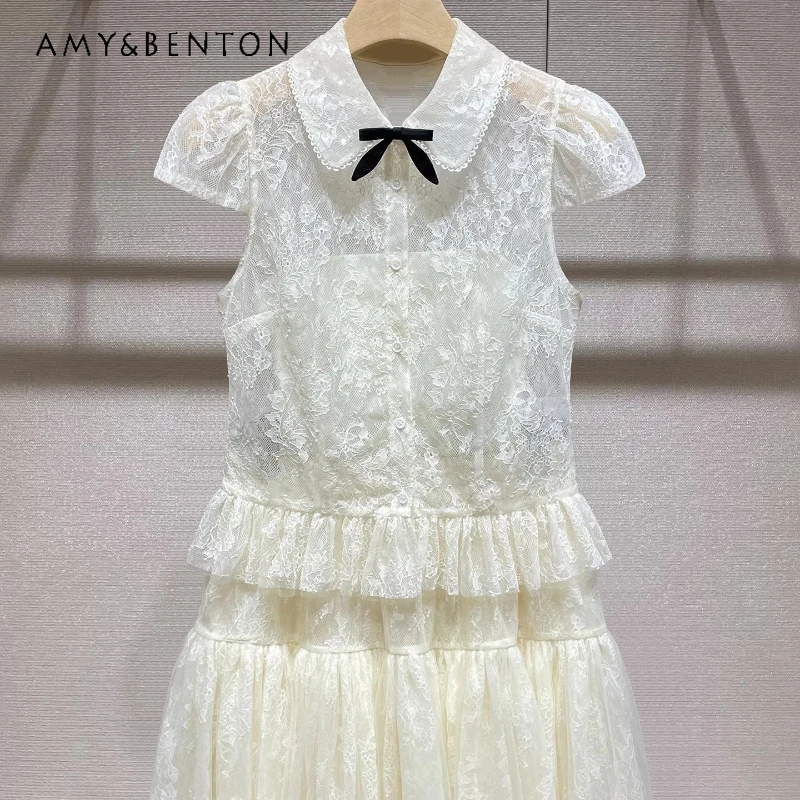 

2026 Summer Ruffle Edge Lace Hollow Out Women's Shirts French Design Beige Sweet Temperament Versatile Short Skirt Sets Ladies