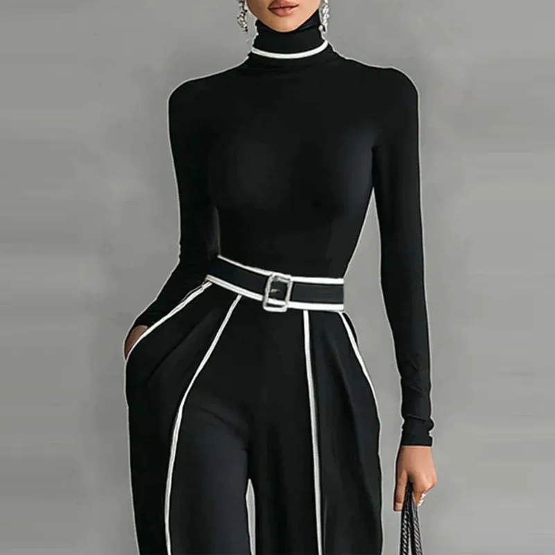 Vinage contraste cor magro roupa reta feminina casual gola alta bottoming topo & calças de cintura alta definir outono ternos manga longa