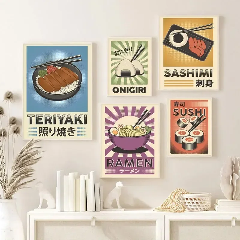 Japanese Sushi Rice Ball Foods Sign Poster Onigiri Teriyaki Ramen Noodle Sashimi Canvas Painting Kitchen Restaurant Wall Decor