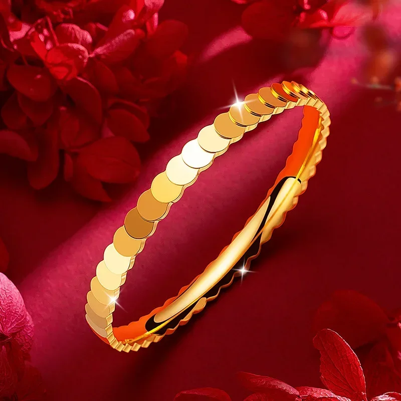 

9999 Real Gold 24K Yellow Bracelet Necklace Advanced Sense Bouncing Disc Flash Step Fish Scale