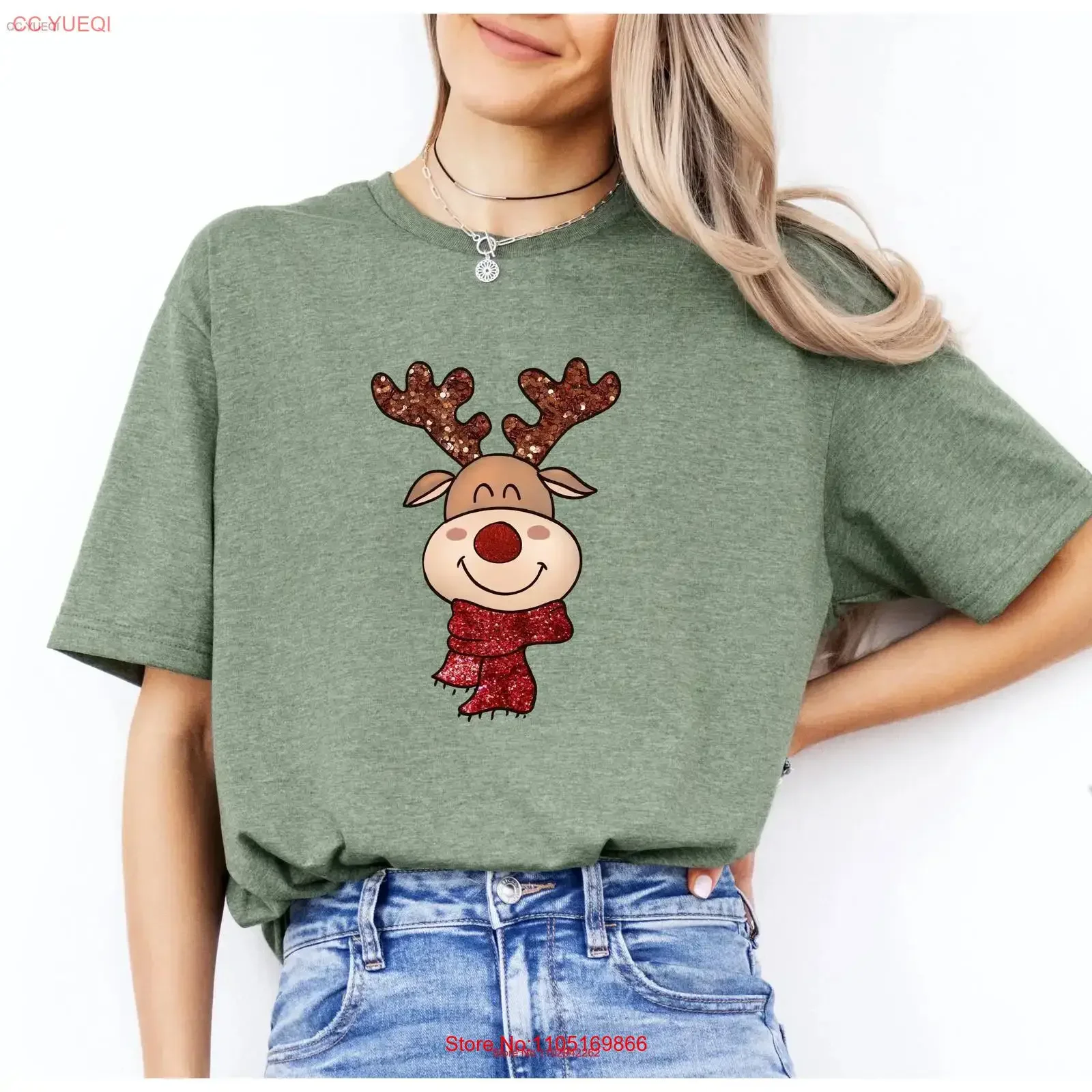 Christmas Reindeer T Shirt Faux Sequin Vibes Holiday Reveal Cute Xmas Animal vintage Washed Top For Everyday Wear streetwear