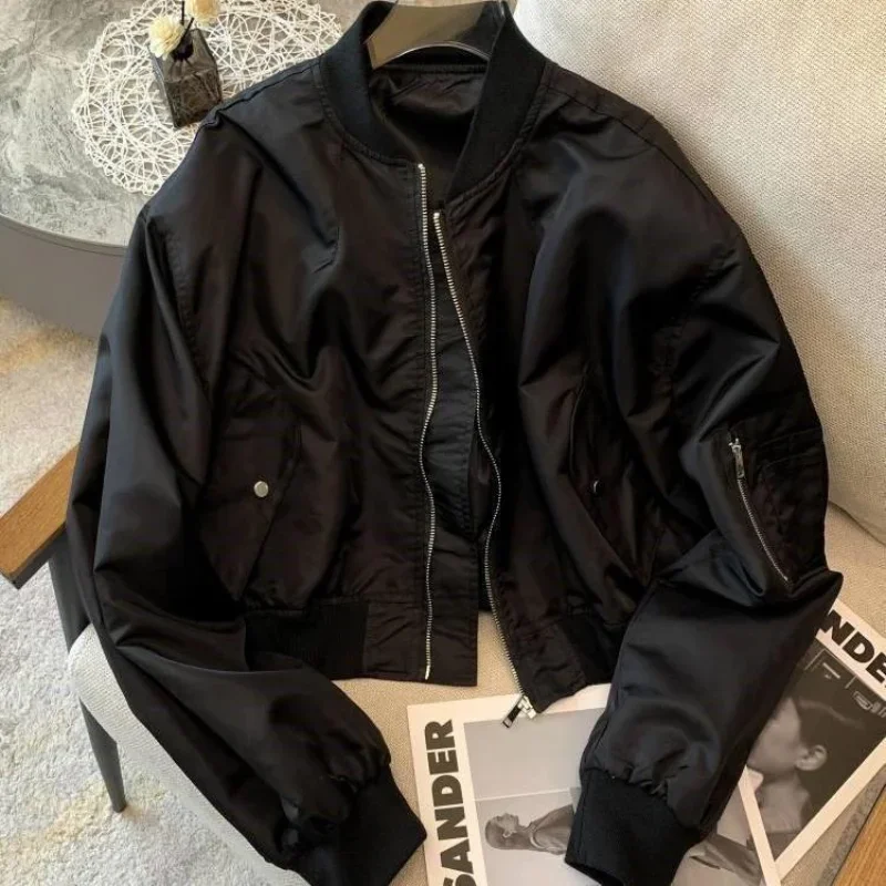 Vintage Cropped Women's Bomber Jacket Oversized Korean Streetwear Zipper Fashion Track Short Jackets Black Coats Casual