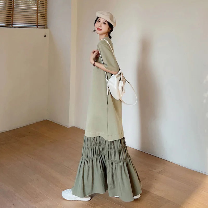 #6141 Long T Shirt Dress Women Split Joint Pleated A Line Dress Short Sleeve Cotton False Two Piece Ladies Dresses Summer