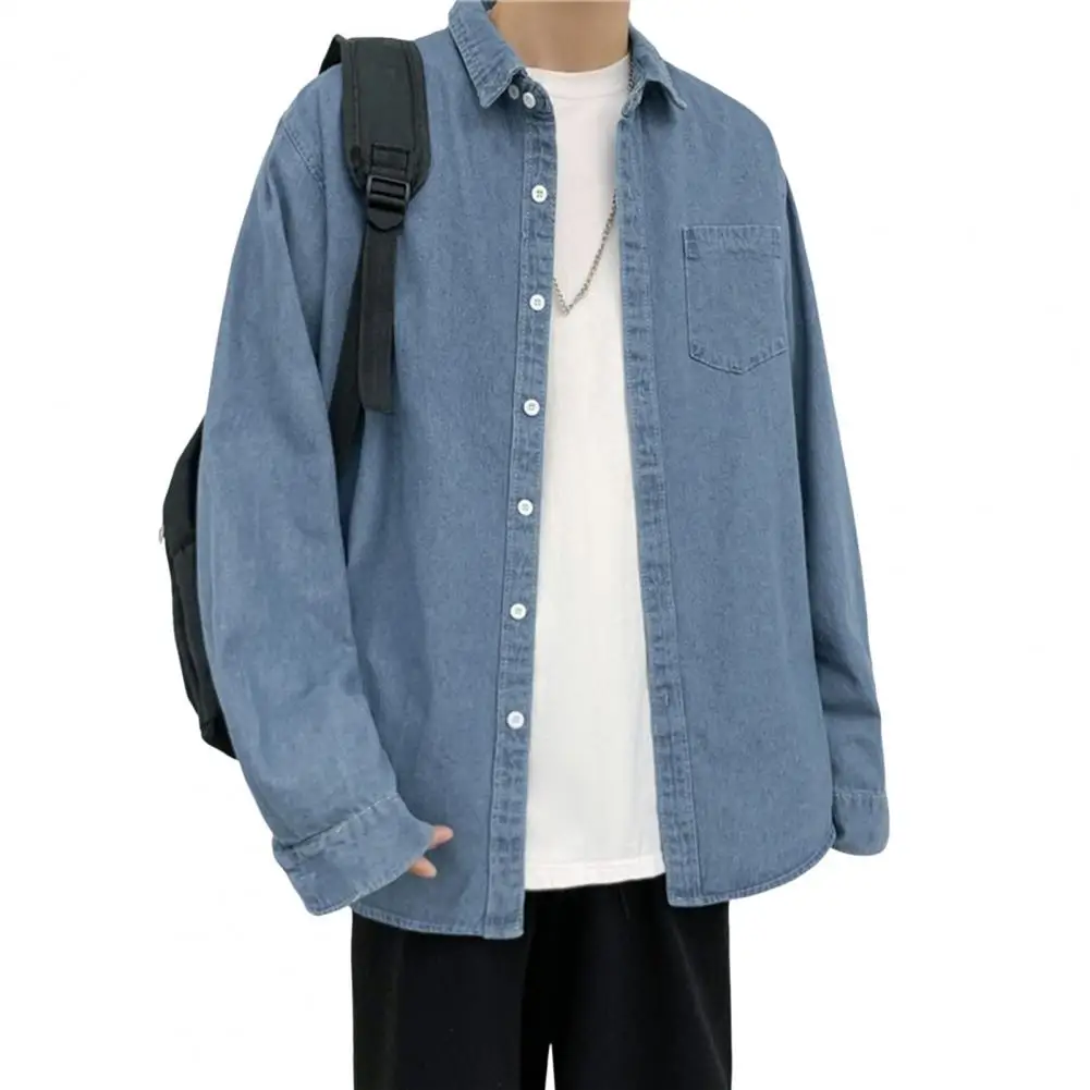 

Denim Shirt Stylish Men's Denim Jacket with Turn-down Collar Chest Pocket Casual Spring Summer Coat for School Daily Wear Men