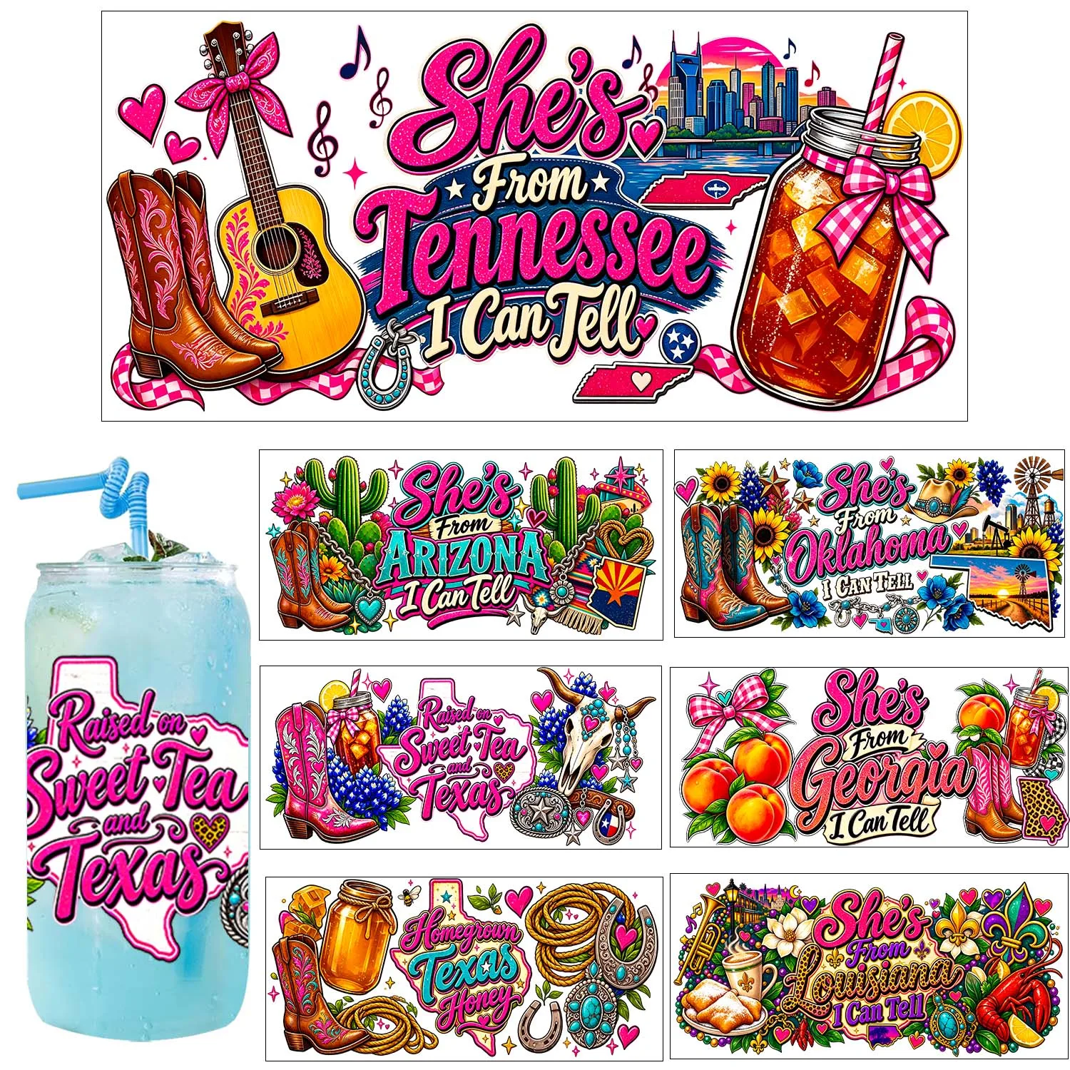 Cool Cowgirls Texas Vibe Rub On UV DTF Transfer Sticker Waterproof DIY Decals 3D Transfers UVDTF Sticker 16oz UV DTF Cup Wraps