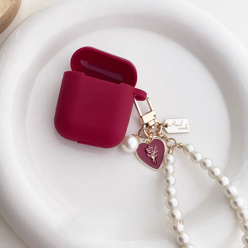 Wine Red Silicone Earphone Case for apple Airpods 1/2/3/4 Pro 2nd Bluetooth Headset Box With Sweet Vintage Rose Pearl Keychain