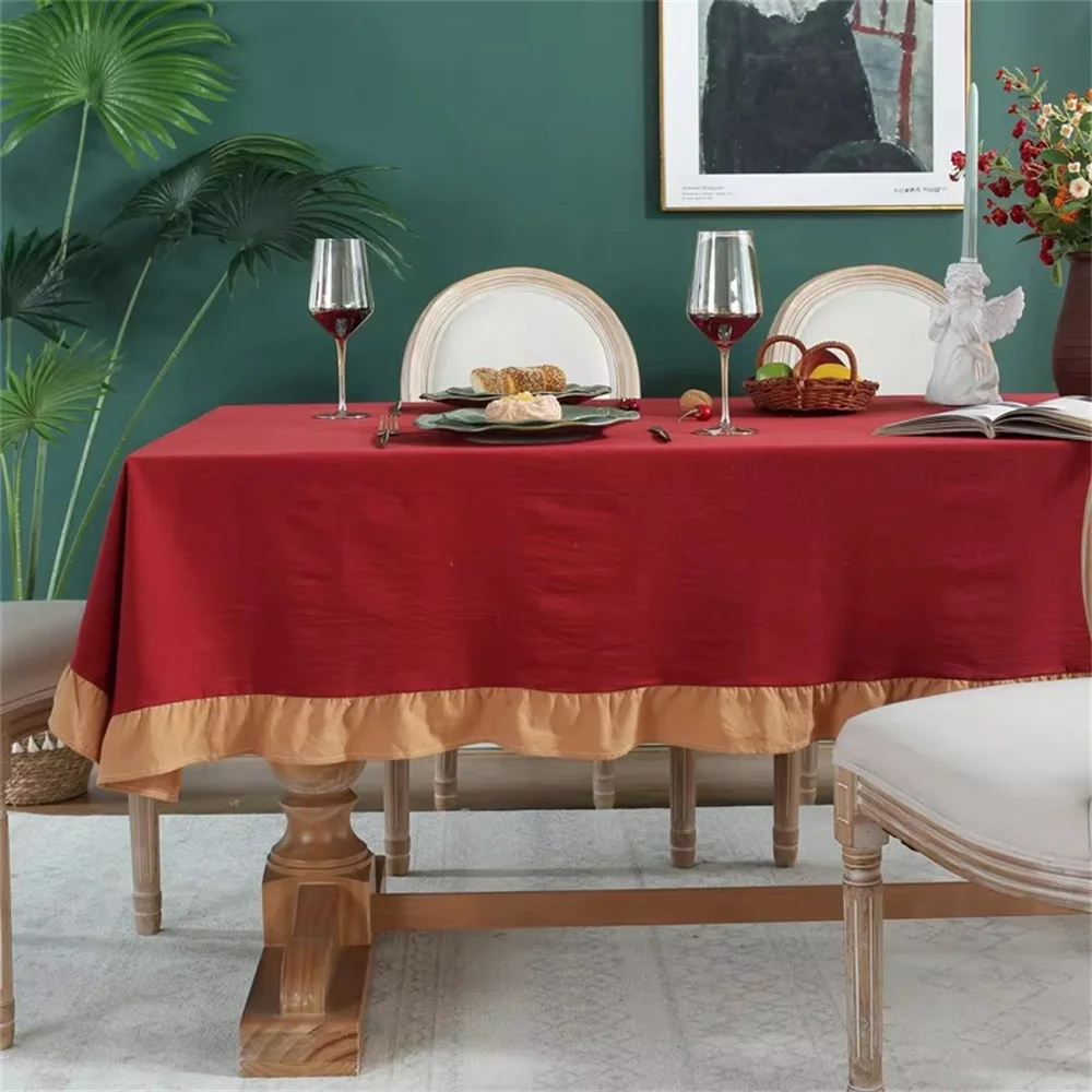 Modern Minimalist Solid Color All Cotton Washed Cotton Red Contrasting Ruffle Edge Tablecloth