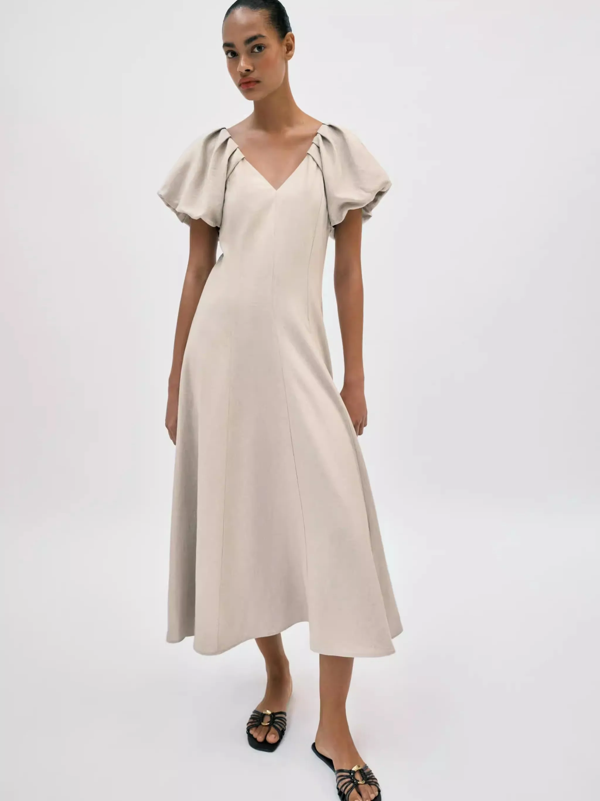 

Romantic Summer New Women's Dress V-Neck Bubble Short Sleeve Dress Slimming Elegant Fashionable Casual Party Wear