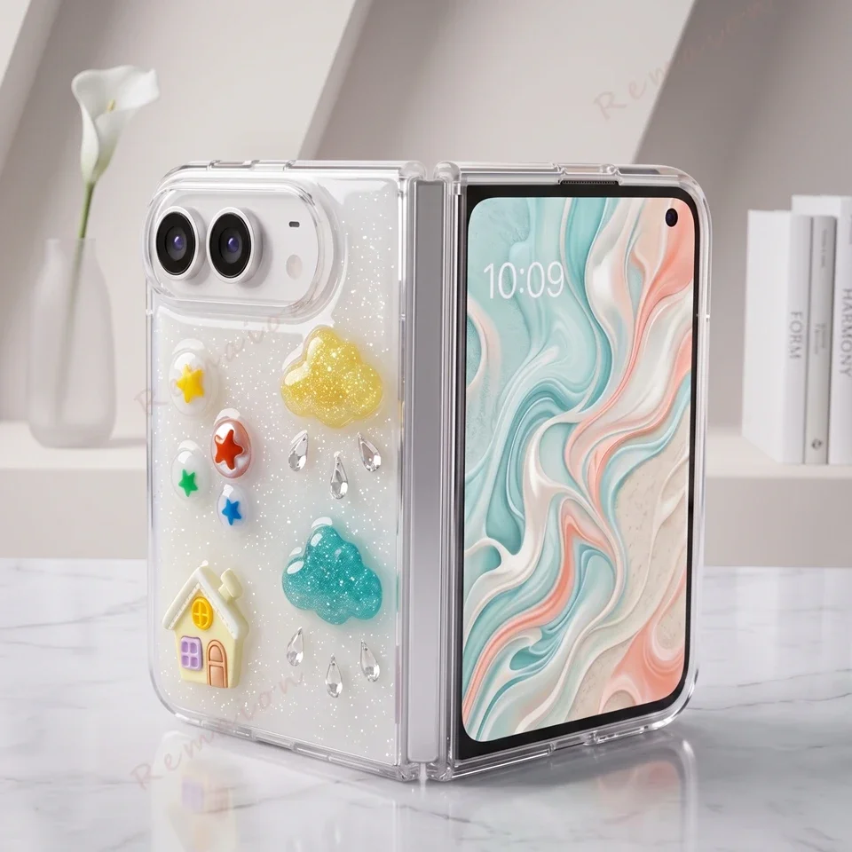 Newest Bling Bling Glitter Phone Case For iPhone DUO Fold 18 Clear Fashion Cute 3D Cloud House Shockproof Protector Cover