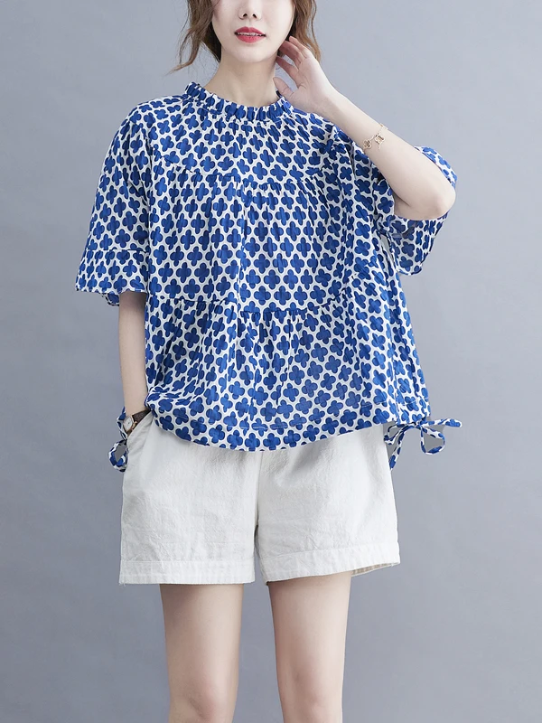 التخسيس مطبوعة فضفاضة ort Sve irt Dstring أعلى إخفاء اللحوم حجم كبير المرأة الصيف Faion بلوزة مريحة غير رسمية #1