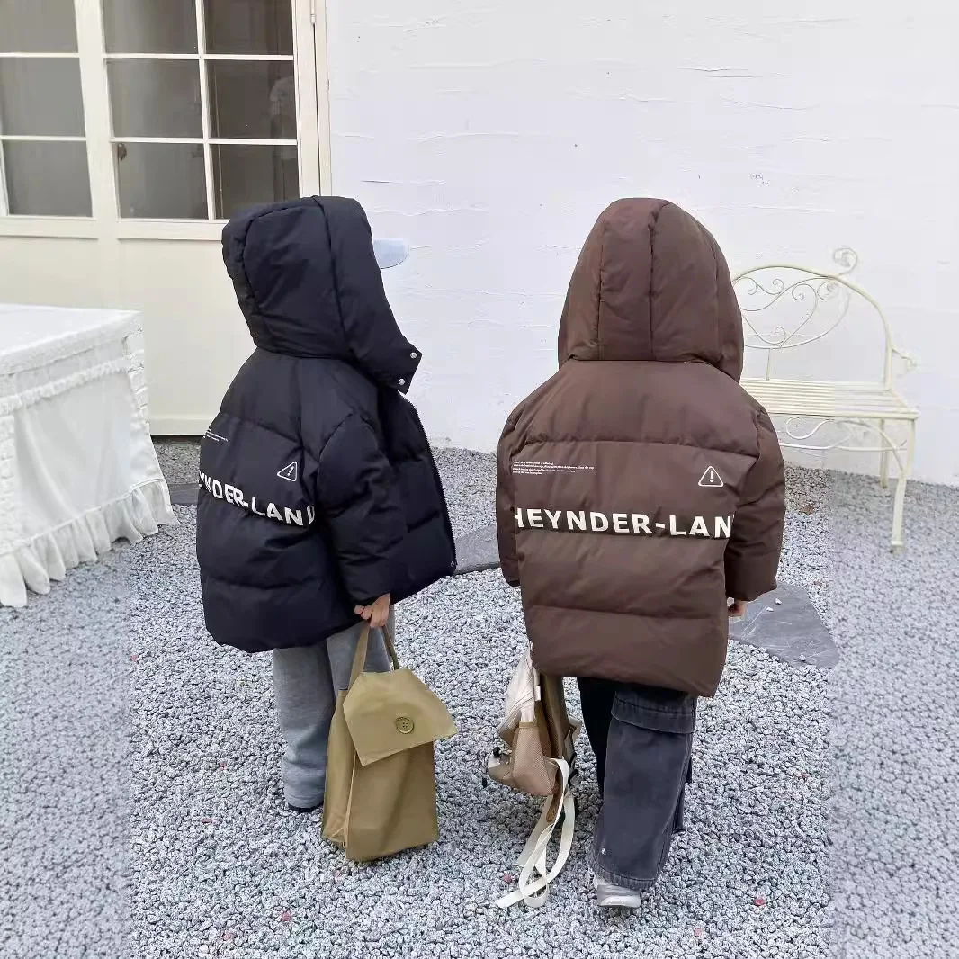 UNITIM 2024 Little Boys Down Jacket Letter Thickened Solid Hooded Warm Exterior Kids Boys Outerwears Coat Children Boys Parkas