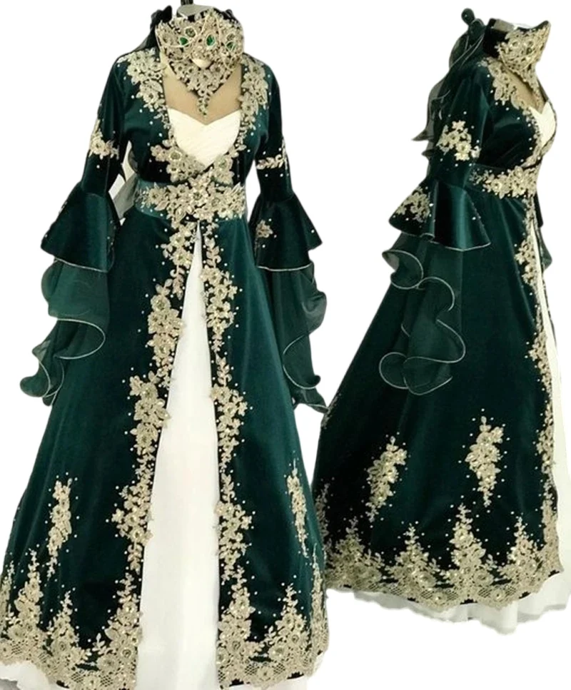 Hunter Green Kaftan Turkish Evening Dresses Flare Long Sleeves Velvet  Formal Party prom Gowns Arabic Dubai Gelinlik customsized