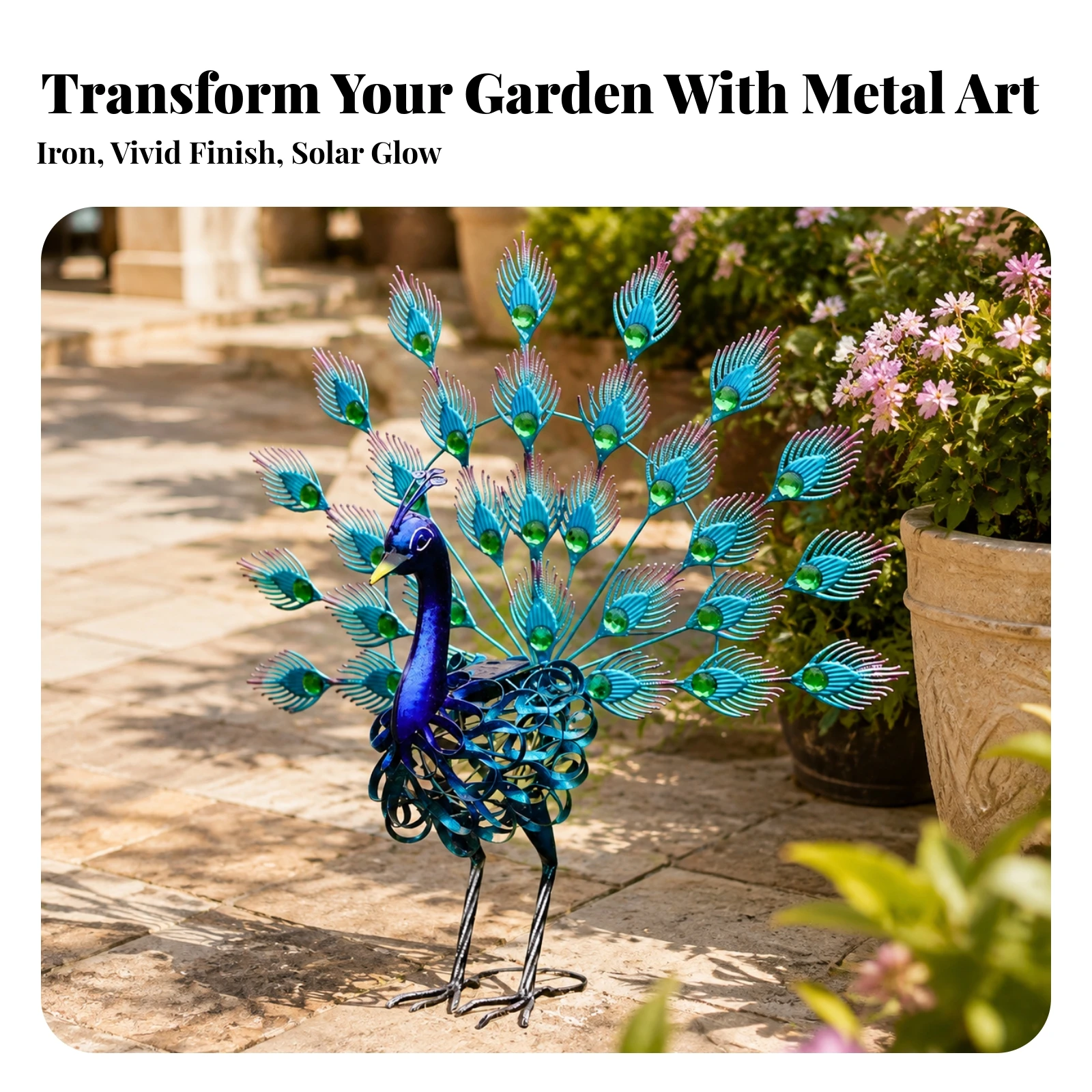 Metal Peacock Garden Statue Waterproof Solar Peacock Garden Sculpture Decorative Lighted for Courtyard, Patio