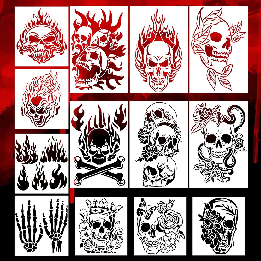 

13Pcs Painting Templates Reusable Skull Ghost Fire Stencils for Wood Fabric Wall, Kids Adults DIY Drawing Graffiti Tool