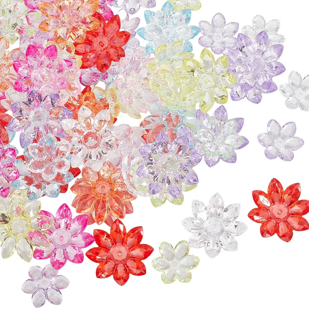 80Pcs 2 Styles Transparent Acrylic Bead Caps Flower Mixed Color 23.5~31x21~31x6.5~9mm Hole: 1.8~2mm 40pcs/style