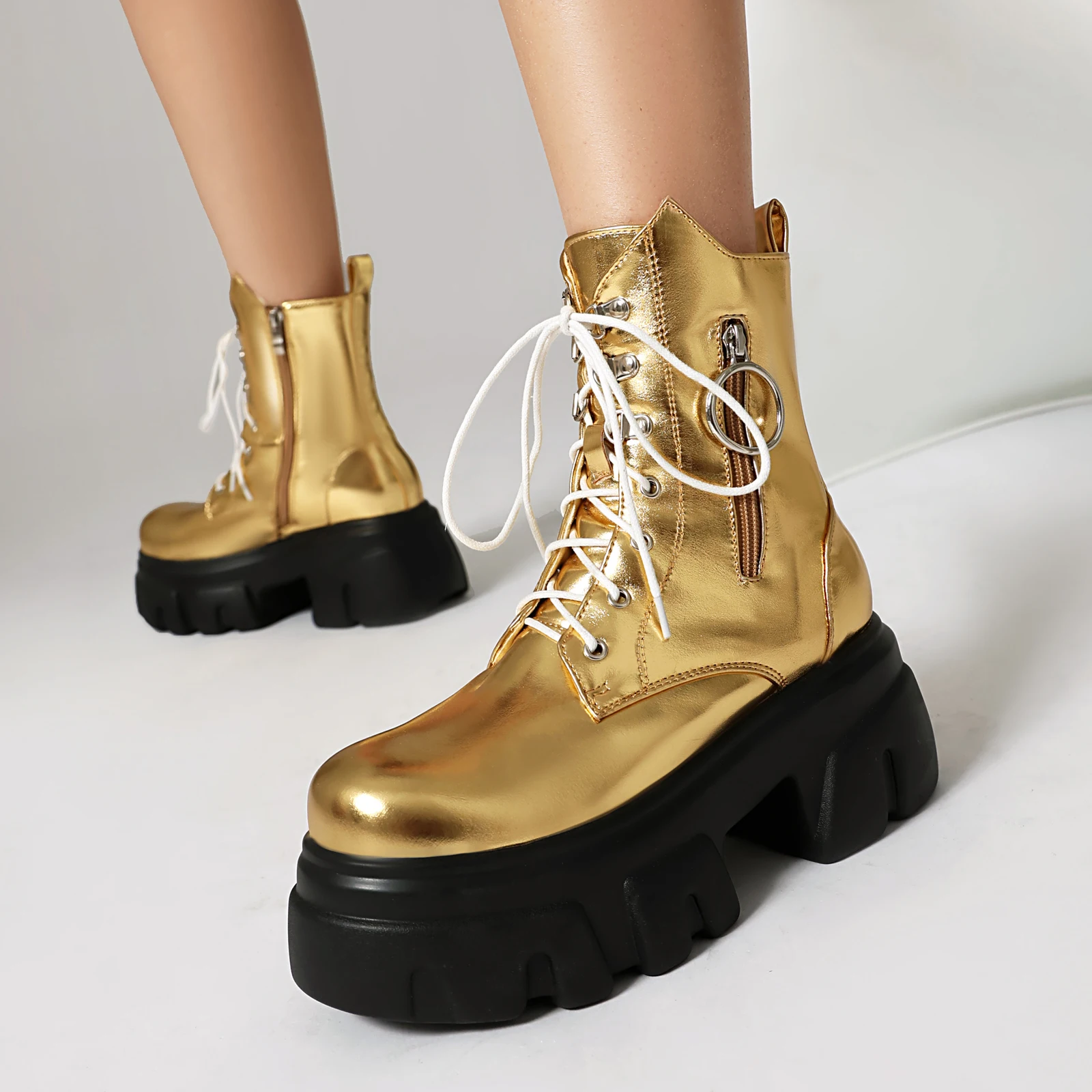 Shiny Gold Silver Women Platform Ankle Boots High Thick Heels Round Toe Brown Party Dress Winter Ladies Ring Zipper Daddy Shoes