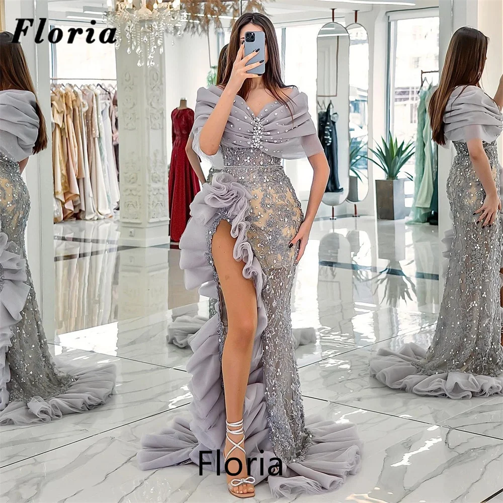 Floria Sexy High Split Slit Sliver Beading Prom Dresses Off Shoulder Long Red Carpet Runway Dress Arabic Evening Dress Customize