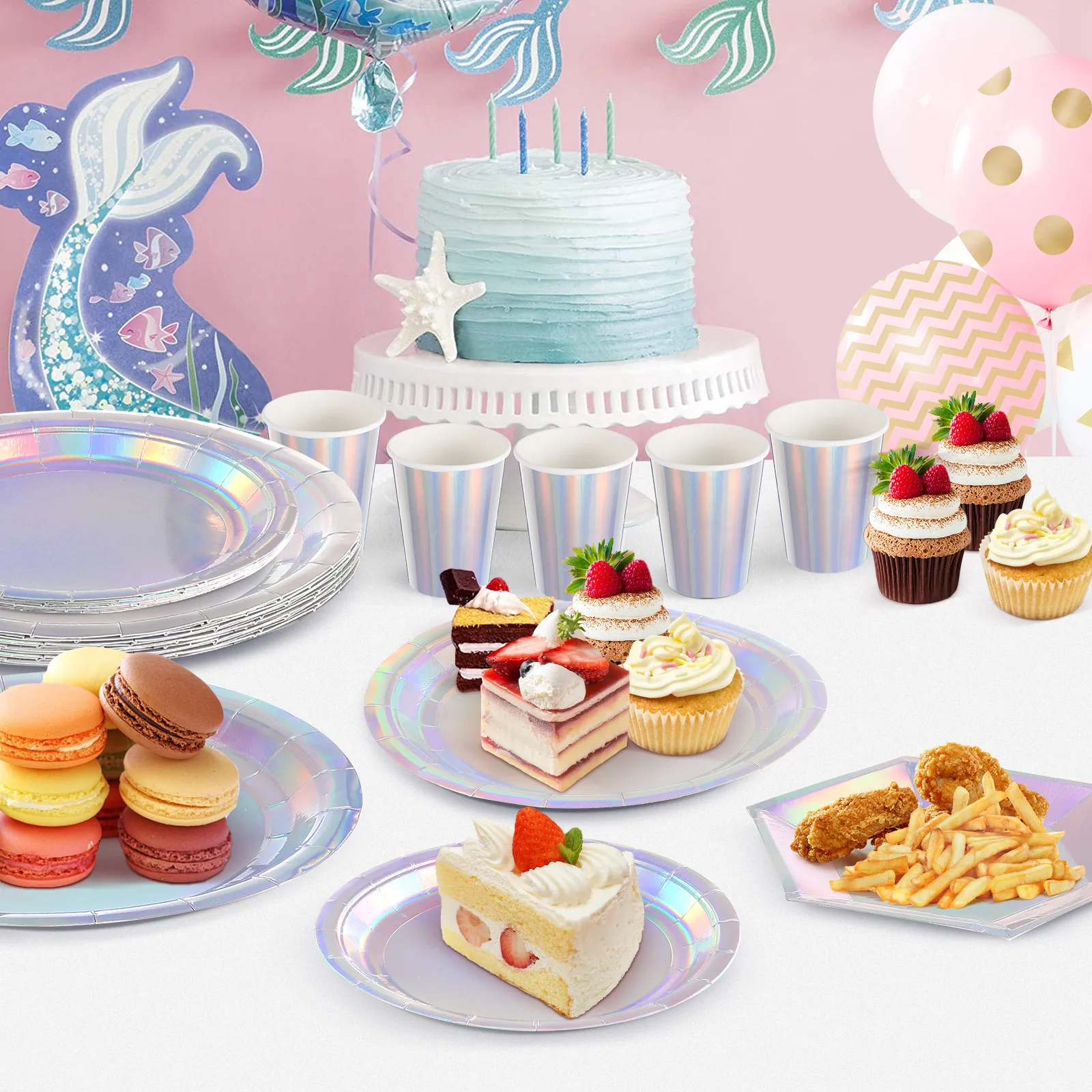 32 Pcs Holographic Paper Tableware 8 Inch Plates 95 Oz Tableware Paper Props Cups Birthday Party Food Grade Safe