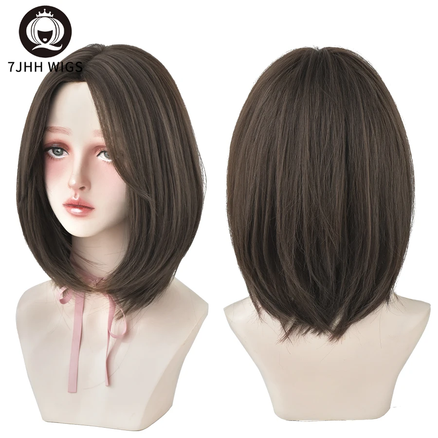 7JHH WIGS Short Bob Middle Part Straight Wig For Women Black Shoulder Length Heat Resistant High Temperature Crochet Hair