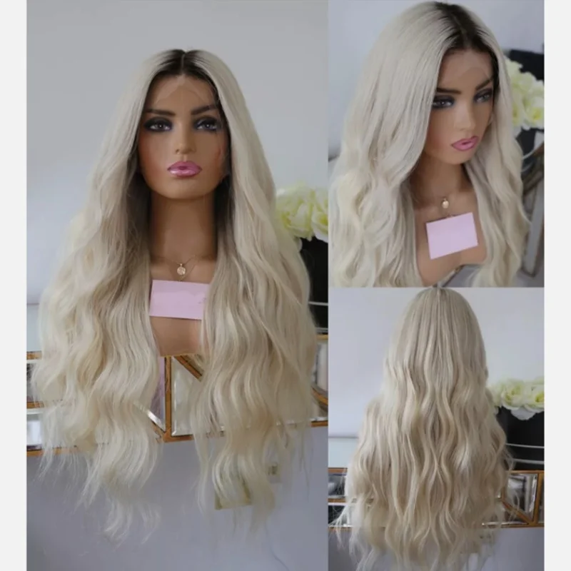 Parrucca a strati Parrucca anteriore in pizzo sintetico ondulato con radici scure Parrucca senza colla Parrucca lunga in pizzo sintetico per capelli per donna Parrucca naturale bionda