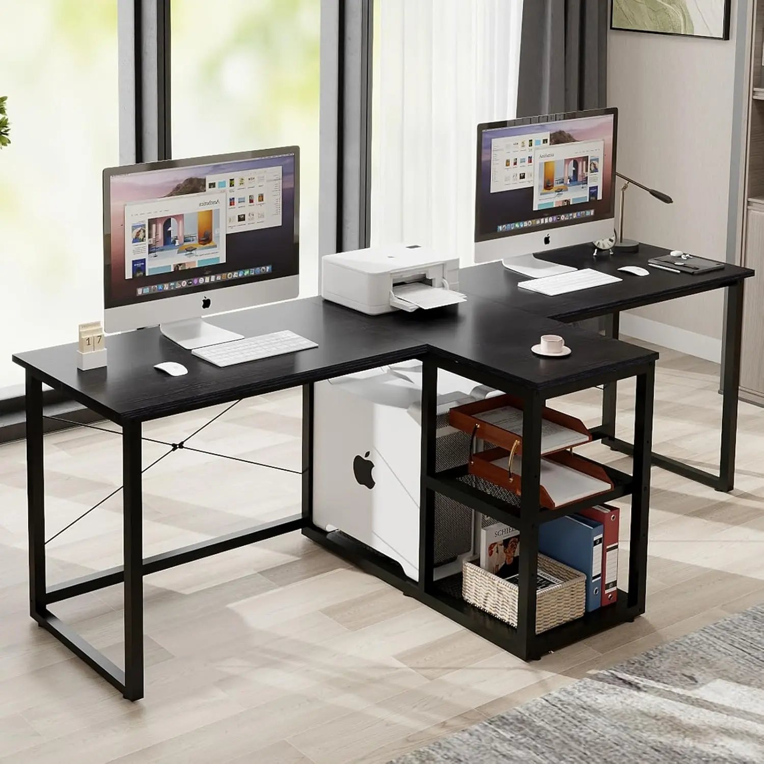 

Two Person Desk with Storage Shelves,92.5" Double Computer Desk with PC case Stand,Home Craft Table Workstation,Heat Press Table