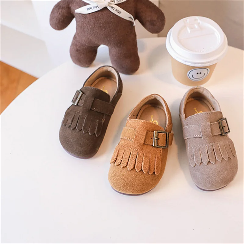 2024 New Autumn Kids Shoes For Girls Leather Tassels Single Shoes Soft Sole Barefoot Shoe Fashion Toddler Kids Sneakers