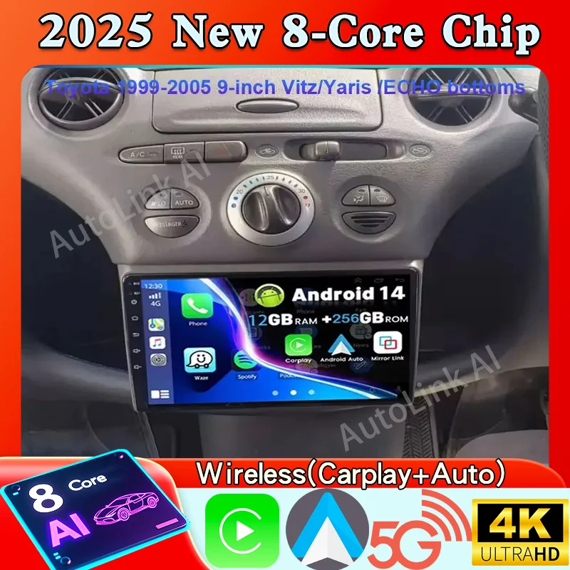 Android 16 Carplay Auto Car Radio For Toyota 1999 - 2005 9-inch Vitz/Yaris /ECHO bottoms Navigation GPS Multimedia Player 4G