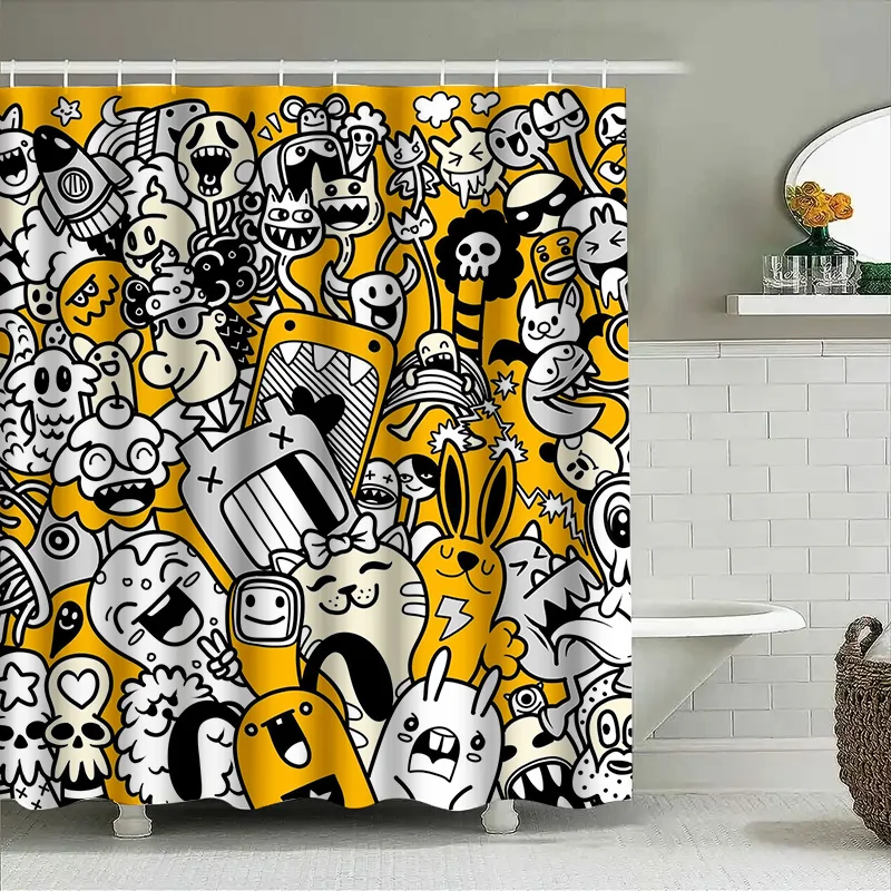 

Unique Cartoon Character Print Shower Curtain Decorative Waterproof Bathroom TPU Waterproof Rainproof Black White Yellow Colorfu